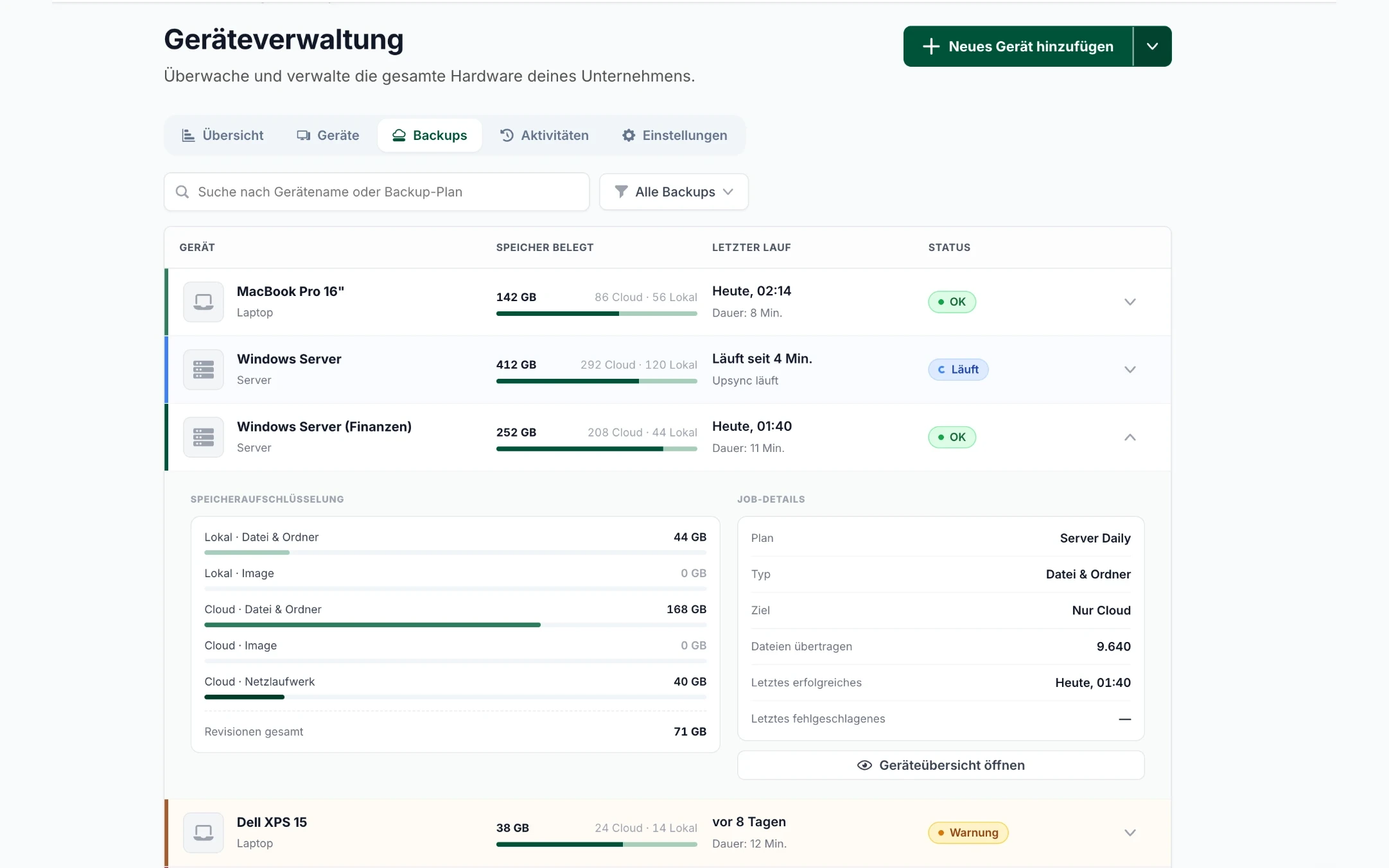 SERGO Portal – Geräteverwaltung, Reiter Backups mit Speicherbelegung, Speicheraufschlüsselung und Job-Details