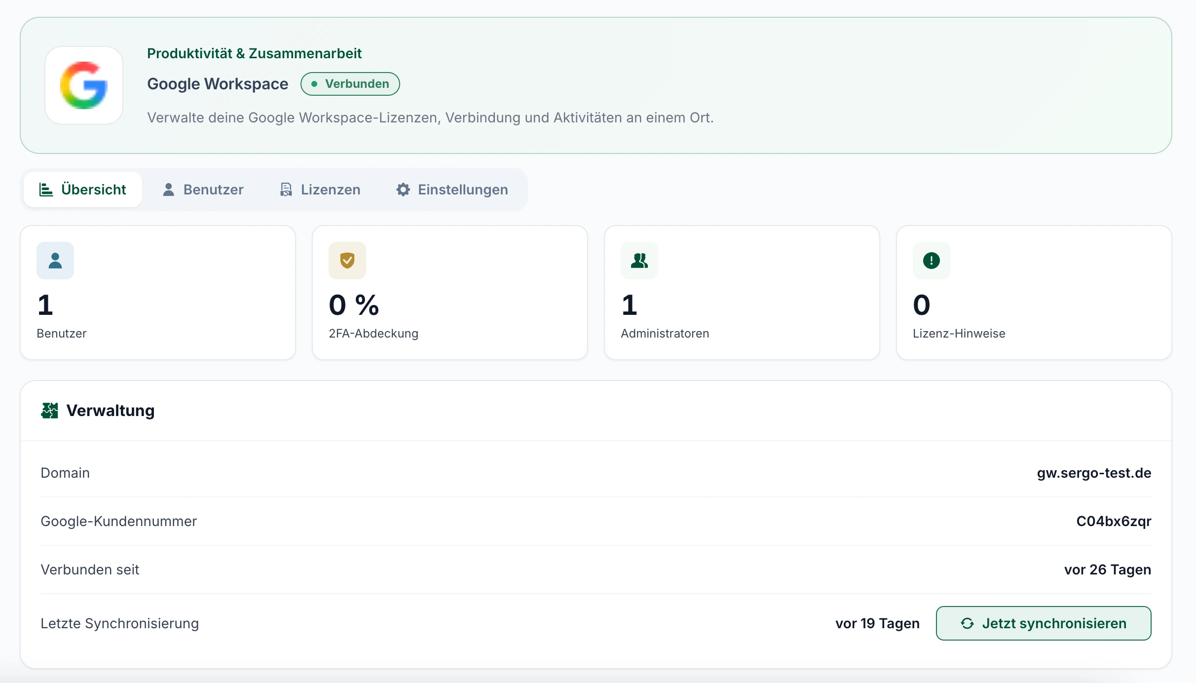 SERGO Portal – Google-Workspace-Übersicht mit Benutzern, Zwei-Faktor-Abdeckung, Administratoren und Verbindungsdaten