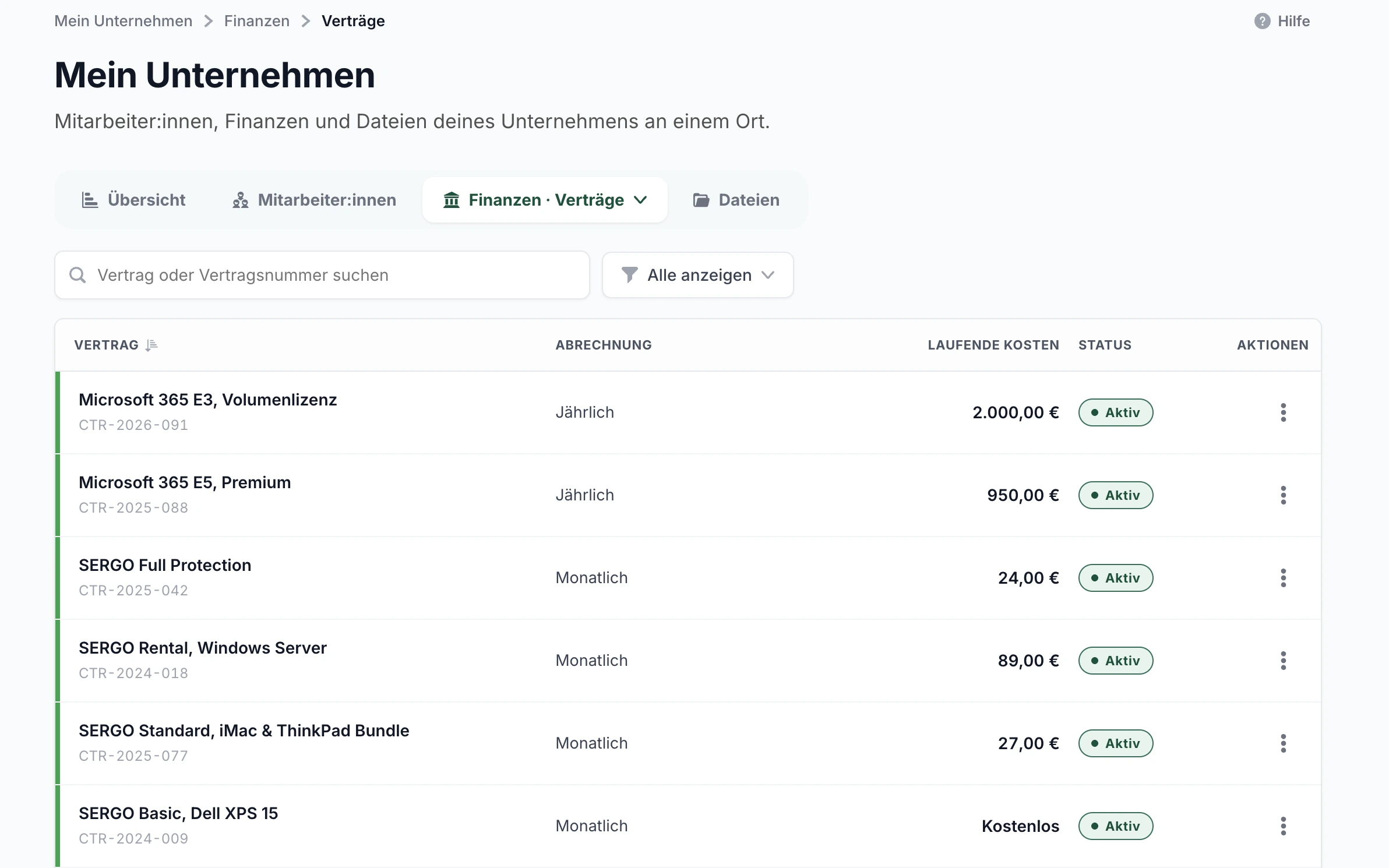 SERGO Portal – Vertragsliste unter Mein Unternehmen mit Abrechnung, laufenden Kosten und Status
